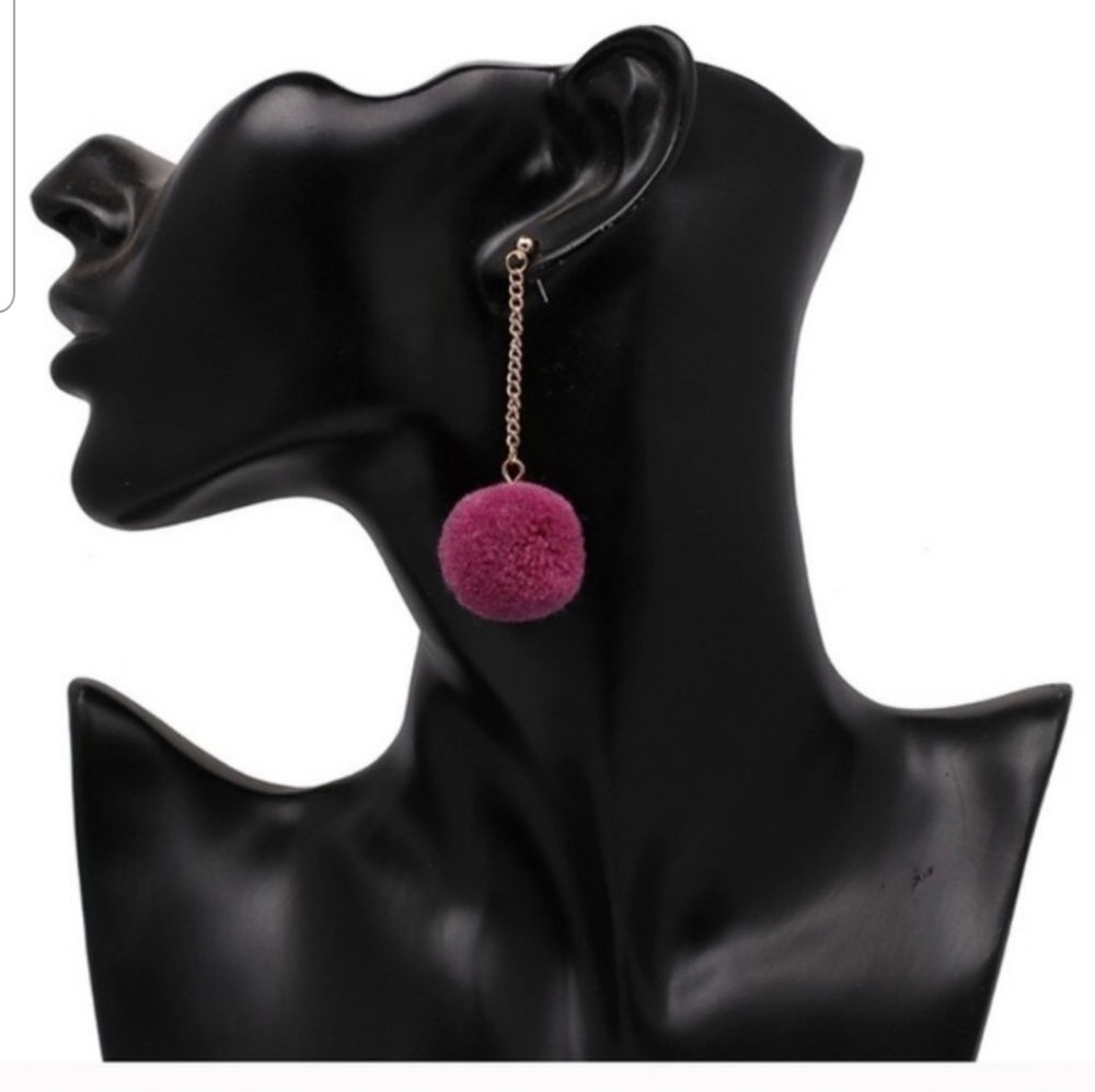 Purple Dangling Pom Pom Earrings